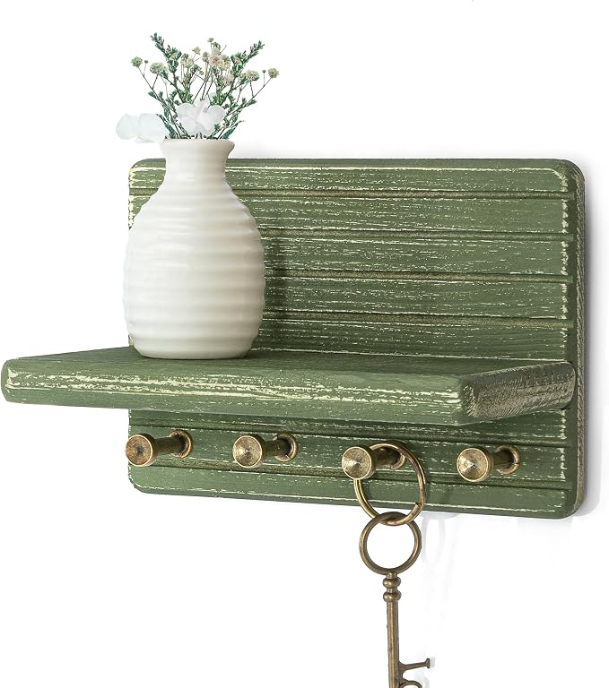Rebee Vision Small Key Holder Wall Mount with Shelf for Room Decor, Green | Pine Wood, 4 Key Hooks, Key Holder for Wall, Wooden Shelf, Room Decor Accent, Versatile Storage for Any Room