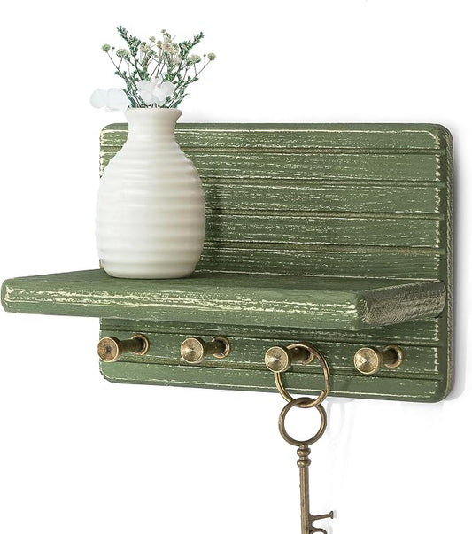 Rebee Vision Small Key Holder Wall Mount with Shelf for Room Decor, Green | Pine Wood, 4 Key Hooks, Key Holder for Wall, Wooden Shelf, Room Decor Accent, Versatile Storage for Any Room