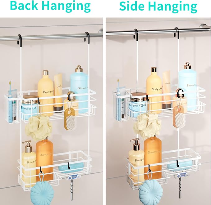 HapiRm Hanging Shower Caddy Organizer - No Drilling Shower Shelves with Hooks and Toothbrush Holder, Rustproof 304 Stainless Steel Bathroom Organizer - White