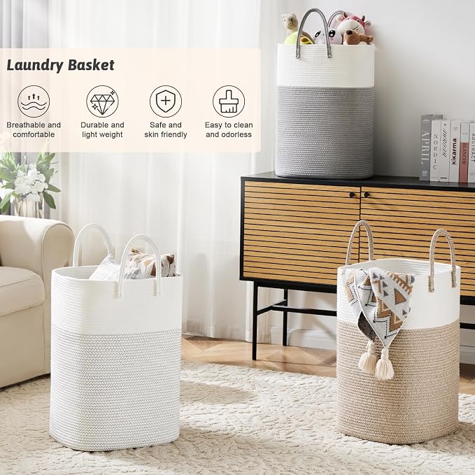 Laundry Basket,Woven Cotton Rope Laundry Hamper,Versatile Storage for Dirty Clothes,Baby Toys,and Blankets in Bathroom, Nursery,and Living Room (White, 60L)