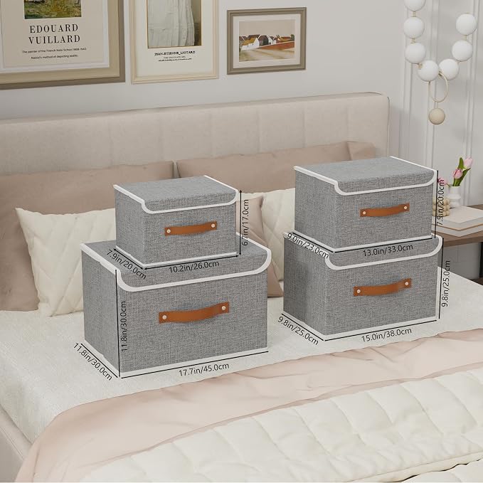 Yawinhe Collapsible Storage Boxes,Grey,10.2x7.9x6.7in,1-Pack | Fabric Storage bin with Lids, Washable Cube Organizer Basket; Container with Leather Handle,Closet Organizer for Home