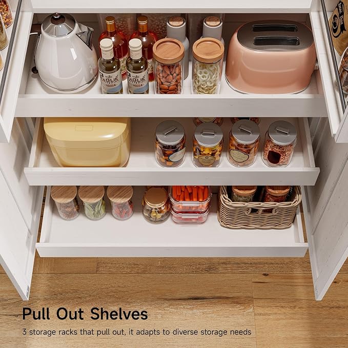 71" Tall Farmhouse Kitchen Pantry Cabinet with 3 Pull Out Shelves & 2 Large Drawers, Pantry Storage Cabinet with 6 Door Shelf & Adjustable Shelf, Freestanding Cupboard for Kitchen, Dining Room