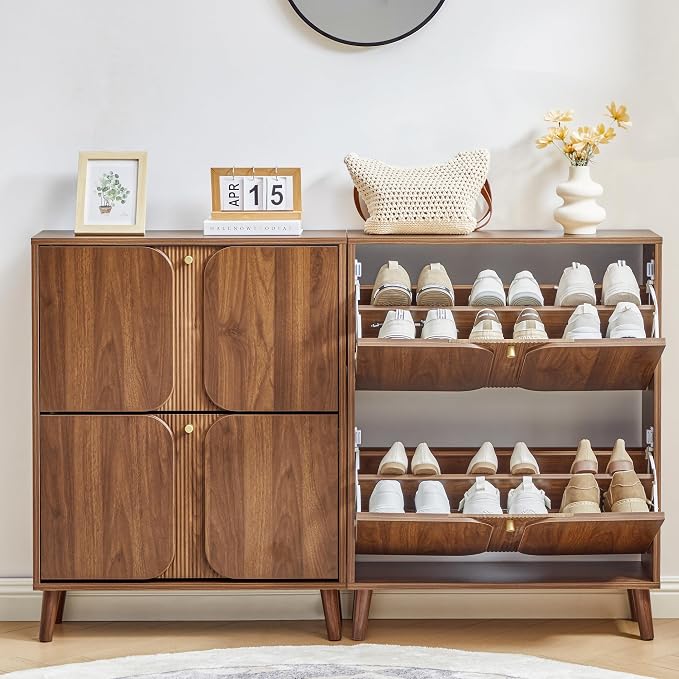 BERRYMERRY Shoe Storage Cabinet with 2 Flip Drawers with Fluted Recessed | narrow,entryway,16 pairs shoe,shoe organize,hidden shoe rack,fluted panel,wave pattern,wood,space saving