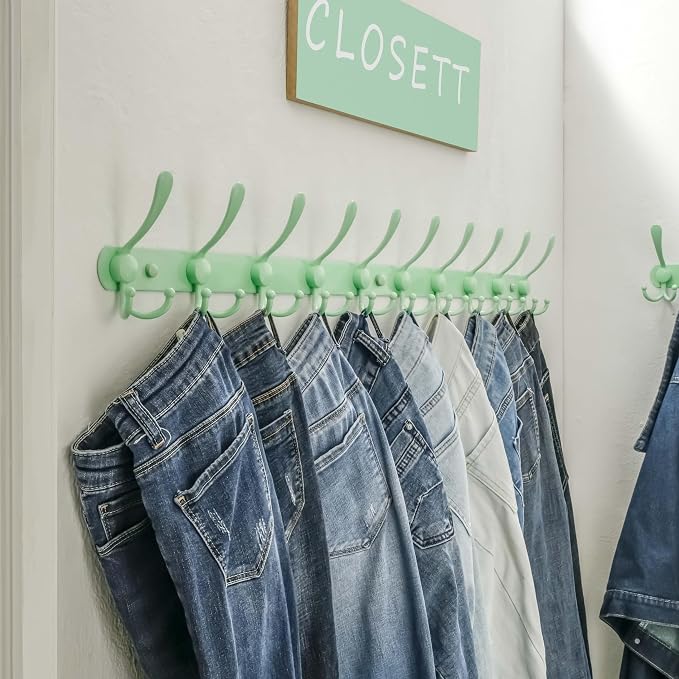 Dseap Coat Rack Wall Mount - 38” Long 10-Tri-Hooks Heavy Duty Coat Hanger Rail Wall Hooks for Hanging Coats Hats Clothing Clothes Purse Mudroom Entryway, Green, Pack of 2