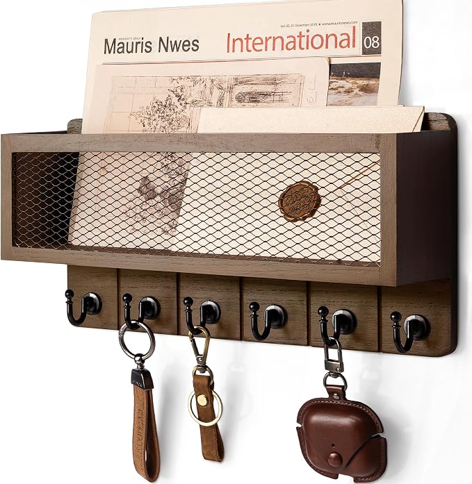 Rebee Vision Key Holder Wall Mount with 6 Hooks for Entryway, Retro Brown | Key Holder for Wall, Mesh Storage Basket, Solid Wood Key Rack, Letter Storage, Mail Organizer, Space-Saving Home Organizer