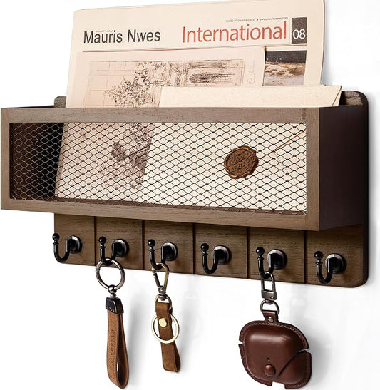 Rebee Vision Key Holder Wall Mount with 6 Hooks for Entryway, Retro Brown | Key Holder for Wall, Mesh Storage Basket, Solid Wood Key Rack, Letter Storage, Mail Organizer, Space-Saving Home Organizer