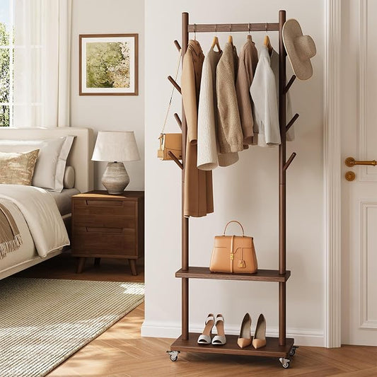 Yoobure Solid Wood Coat Rack Freestanding - Rolling Clothes Rack with 8 Hooks & Shelves, Small Clothing Rack with Wheels, Heavy Duty Clothing Racks for Hanging Clothes, Portable Hall Tree for Entryway