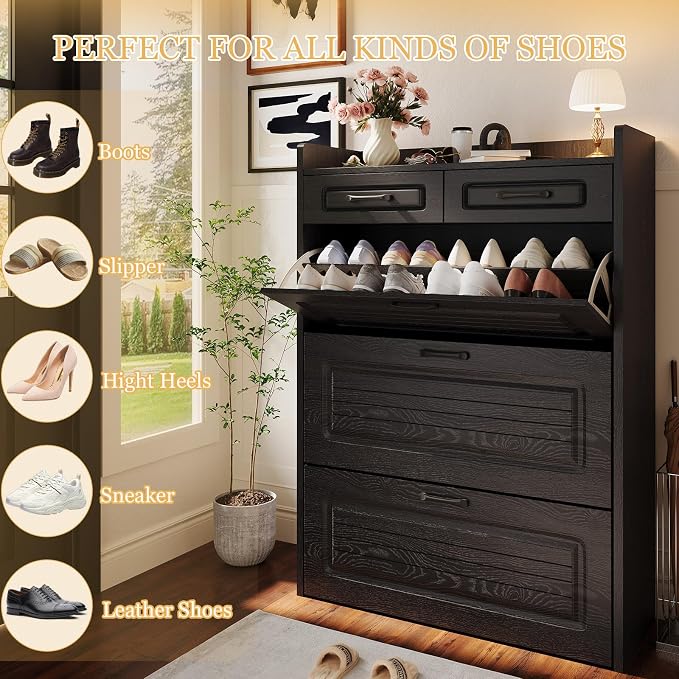 ODUWA Shoe Cabinet with 3 Flip Drawers and 2 Storage Drawers, Shoes Organizer Cabinets with Adjustable Divider, Hidden Shoe Storage Cabinet for Entryway, Hallway, Living Room, Black