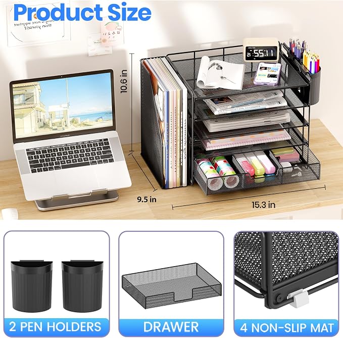 OPNICE Desk Organizer, 5-Tier Desktop File Organizer with Drawer and Pen Holders, Office Desk Accessories, File Sorters, Workspace Organizers for Office Supplies(Black)