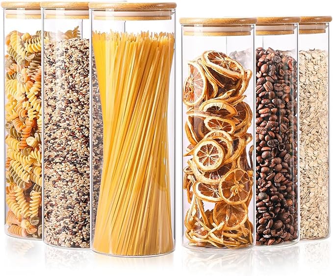 ComSaf Pasta Containers Storage 2 Qt/1.1Qt, 6 Pack Tall Glass Spaghetti Jar | Glass Storage Containers wtih Lids, Kitchen Canisters,Pantry Pasta Holder, Noodles, Cereal, Oats, Dry Food Storage, BPA Free