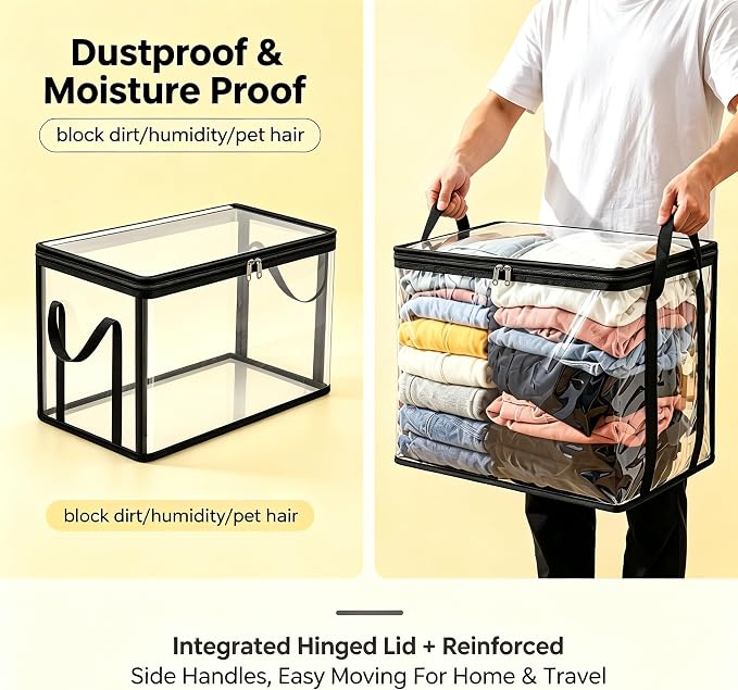 Clear Thin PVC Storage Bags - Lightweight Foldable Storage Bins with Hinged Lid & Handles, Reusable Clear Closet Organizer Containers for Clothes, Blankets, Textbooks, Toys, Travel