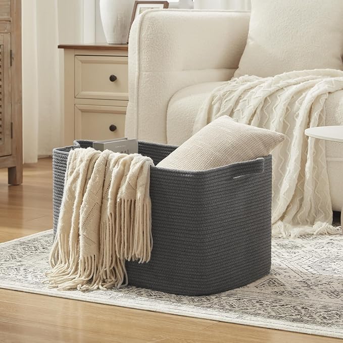 OIASKET 95L Large Blanket Basket, Blanket Storage Living Room, Rectangle Woven Baskets for Storage Toys, Towels, Dirty Clothes Organizer Bins (Dark Grey)