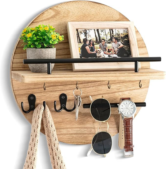 dreampossible Key Holder for Wall Decorative with Shelf and Hooks, Mail Organizer Wall Mount with Sunglasses Holder, Circular Design Entryway Key Rack Hanger, Rustic Home Decor