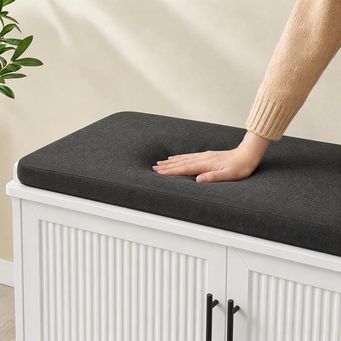 Akxomel 39.4" Fluted Shoe Storage Bench 2 Doors Wooden Entryway Bench White | 2 Tier Shoe Bench with Padded Cushion, Adjustable Shelves and 2 Doors, Curved Profile, for Hallway, Living Room, Bedroom