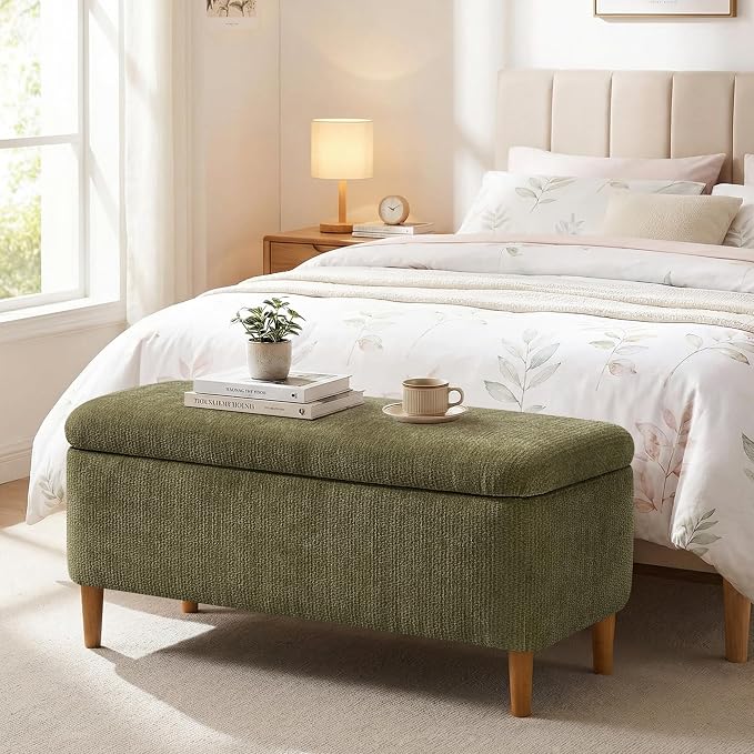 39.4" Ottoman with Storage Upholstered Storage Bench for Living Room | Modern Fabric End of Bed Bench Footstool with Wooden Legs Ottoman Bench for Window Hallway Entryway Bedroom Green