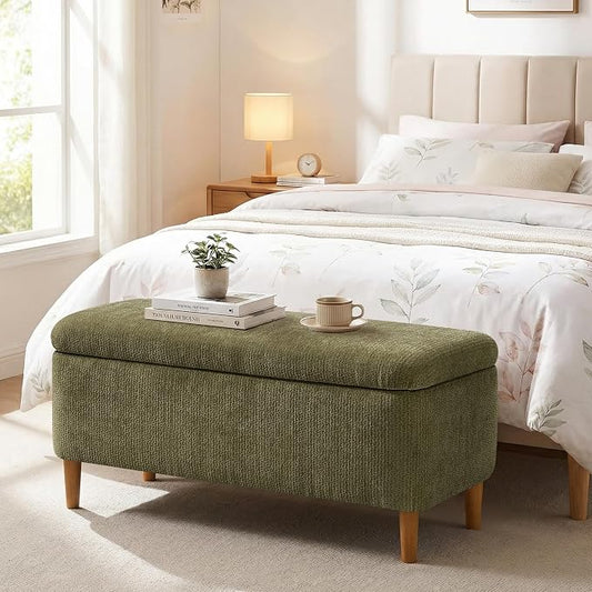39.4" Ottoman with Storage Upholstered Storage Bench for Living Room | Modern Fabric End of Bed Bench Footstool with Wooden Legs Ottoman Bench for Window Hallway Entryway Bedroom Green