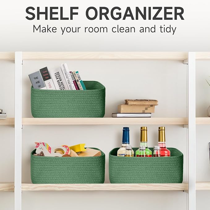 3-Pack Shelf Baskets for Organizing, Closet Organizer Bins, Small Woven Baskets, Rope Toy Basket, Storage Basket for Shelves, Cube Decorative Box, 11.8×7.8×5.1”, Green