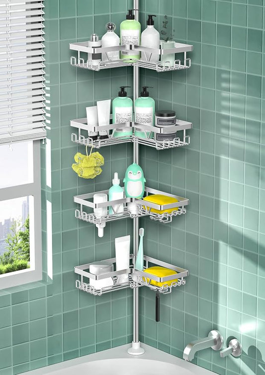 DAOYA Corner Shower Caddy Tension Pole 4 Tier Shower Caddy Organizer Silver | WIth 28 Hook/2 Soap Dish/ 2 Razor Holder, Rustproof, For Bathtub/Bathroom, Floor to Ceiling 25-114 Inch, Simple Install