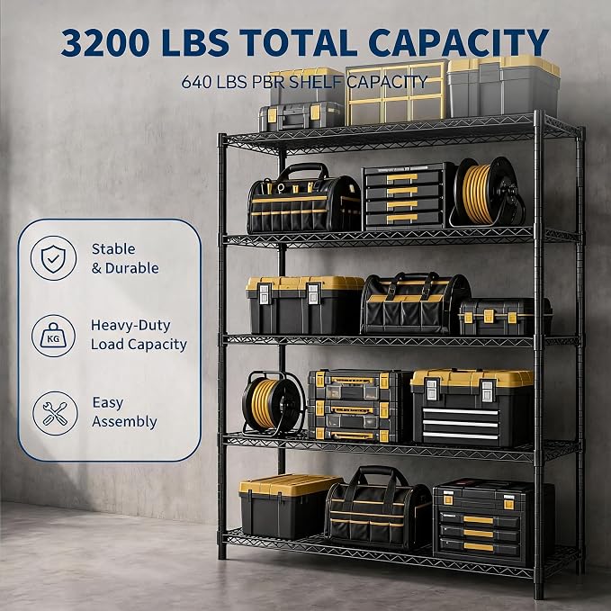 Garvee 5-Tier Wire Shelving 3200LBS Heavy Duty Storage Shelves Garage Rack |