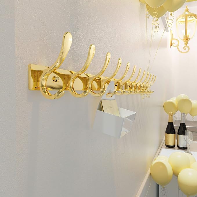 SKOLOO Heavy Duty Wall Mounted Coat Rack - 6 Hooks, Stainless Steel, Sturdy Coat Hooks for Hanging Coats, Jacket, Clothes, Hat, Bright Gold