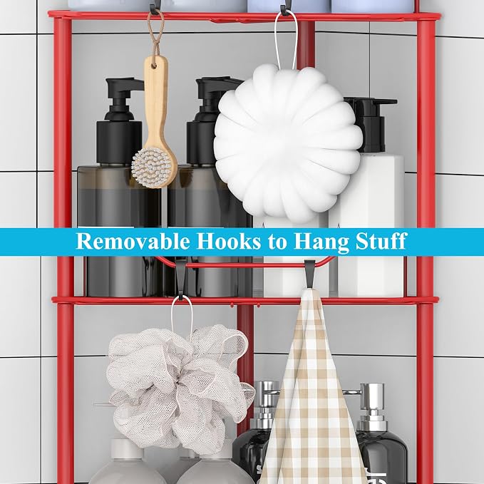 HuggieGems 3 Tier Floor Standing Corner Shower Caddy Organizer Shelf with Hooks, Bathroom Shelves Stand Rack, Red