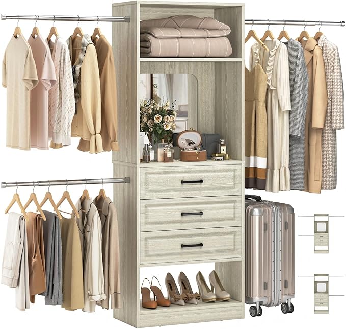 Unikito 48" W - 96” W Closet System with Mirror, 8FT Walk in Closet Organizer with Drawers and 3 Extendable Hanging Rod, Sturdy Wood Clothing Garment Rack with 25” Tower, Max Load 1000 LBS, White Oak