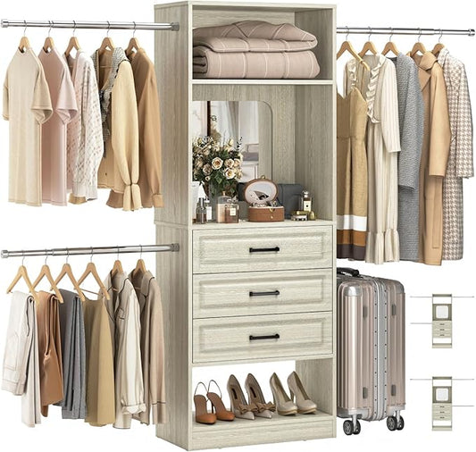 Unikito 48" W - 96” W Closet System with Mirror, 8FT Walk in Closet Organizer with Drawers and 3 Extendable Hanging Rod, Sturdy Wood Clothing Garment Rack with 25” Tower, Max Load 1000 LBS, White Oak