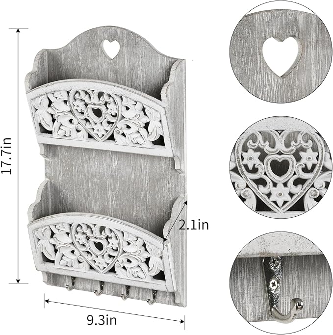 Key and Mail Holder for Wall, 2-Slot Mail Organizer Wall Mount 4 Key Hooks | Retro Hollowed-out Pattern Wooden Farmhouse Key Hangers Wall File Organizer Letter Sorter, Key Rack for Entryway Home Decor