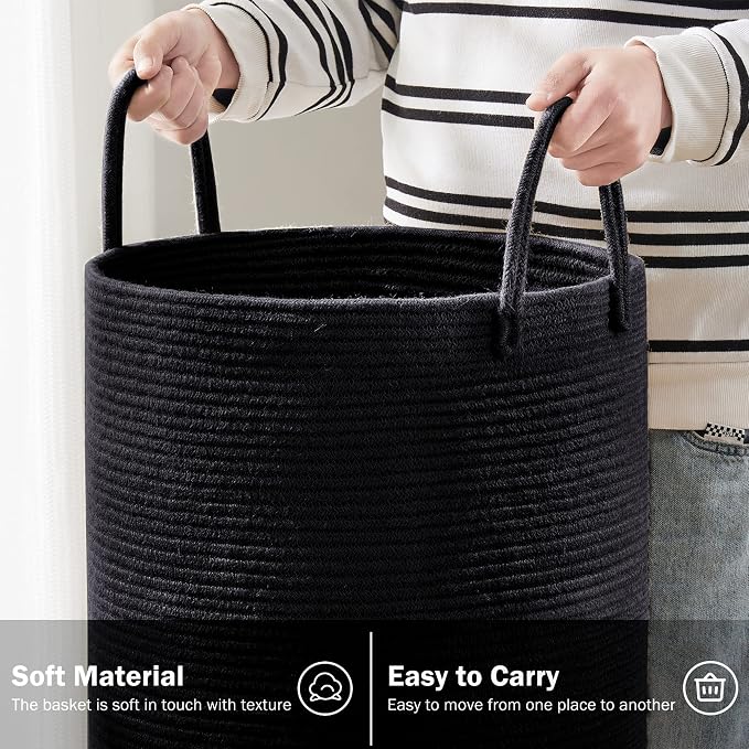 YOUDENOVA Woven Rope Laundry Hamper Basket, 58L Blanket Basket for Nursery | Large Woven Laundry Hamper with Sturdy Handles, Collapsible Home Decor Laundry Basket for Laundry, Clothes, Toys in Bedroom