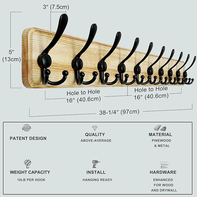 Coat Rack Wall - Heavy-Duty 38-1/4" Long, with Reinforced 10 Custom Tri-Hooks, Solid Wood Wall Hanger for Coats Hat Jackets - Rustic Farmhouse Entryway Hallway Storage, Light Brown & Black