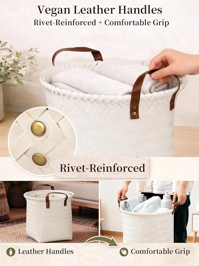 Wicker Storage Baskets, 4 Pack Woven Baskets for Shelves, White | PP Rattan, Water-resistant Wicker Basket, Large Baskets with Faux Leather Handles for Blanket, Laundry Organizer, Room Decor