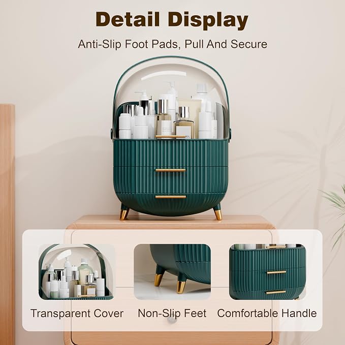 lurcns Makeup Organizers and Storage Make up Organizer for Vanity Cosmetics Skincare With Lid and Drawers Display Cases for Countertop Bathroom Women Teenager Girl Gifts(Dark Green)