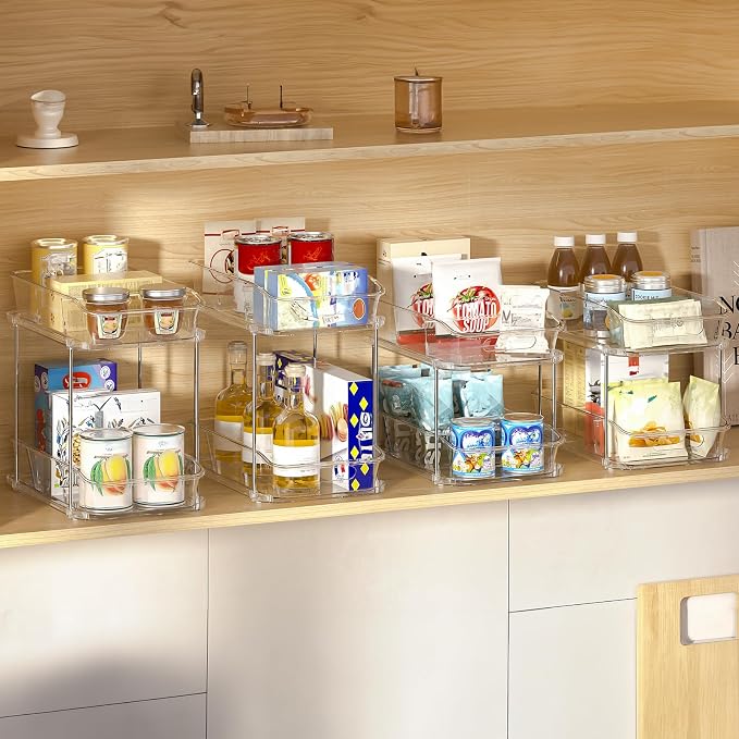 Delamu Bathroom Under Sink Organizers and Storage, 2 Pack, Clear | 2-Tier Multi-Purpose, Stackable, Pull Out Cabinet Kitchen Pantry Organization and Storage with Dividers