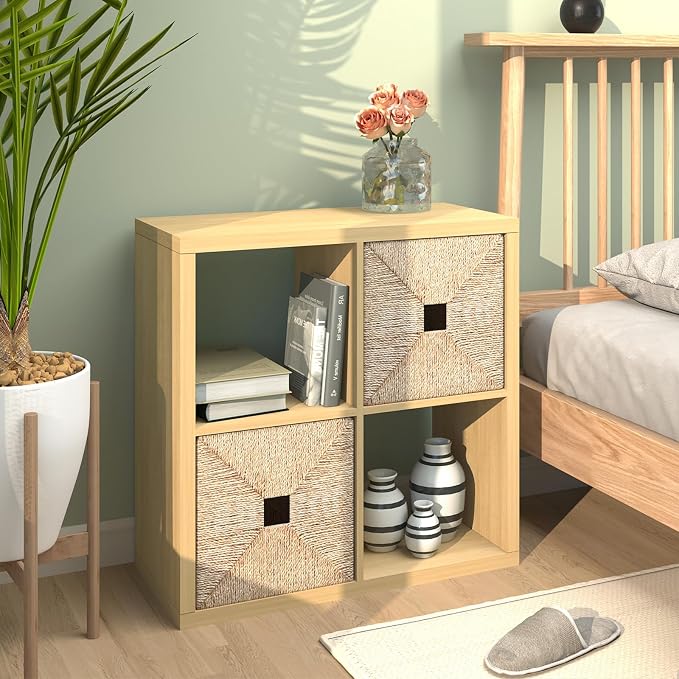CTESNE【2026 Wooden Thick Frame 4 Cube Storage Organizer Shelf with Anti-Tipping Kits + Reversible Open Back Bookcase, Horizontal and Vertical Dual-use（Oak Color,11inch）
