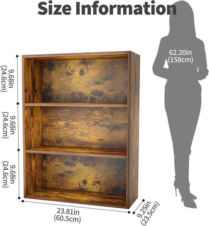 HealSmart 3 Tier Bookcase, Industrial 3 Book Shelf, 9.2" D x 23.8" W x 31.5" H Tall Open Cube Storage Organizer for Home Office, Living Room, Bedroom and Dinning Room, Brown