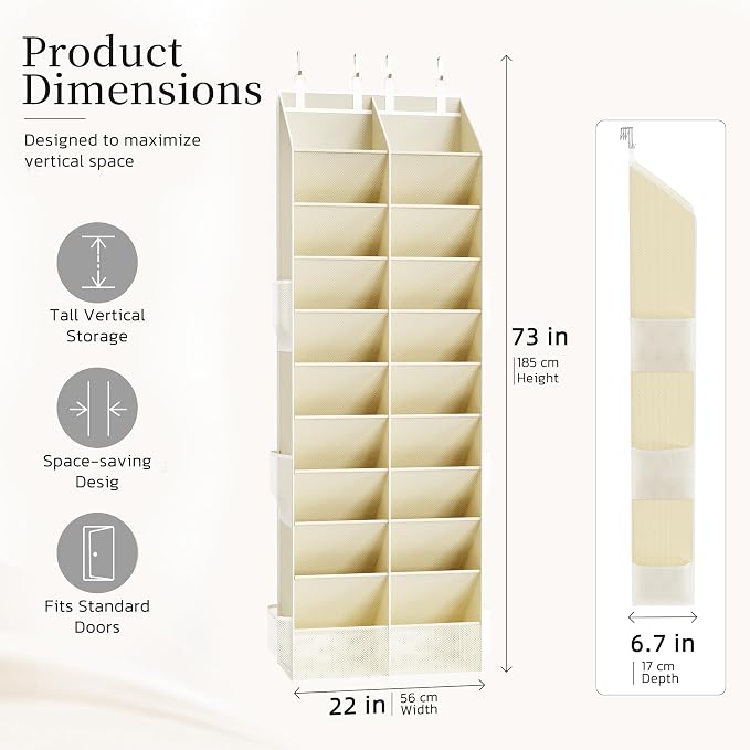 Over the Door Shoe Organizer, 20-30 Pairs Heavy-Duty Hanging Shoe Storage with Large Pockets, 10-Tier Door Shoe Rack with 4 Hooks for Sneakers Sandals Heels Boots (Beige)