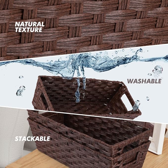 Onlytak Plastic Wicker Storage Baskets - Toilet Tank & Bathroom Baskets, Woven for Organizing, Brown, 15¾" x 6¾" x 4¾", 2-Pack