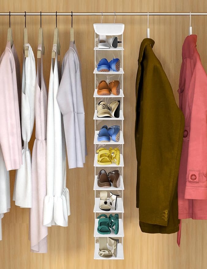 Libeder 10-Shelf Hanging Shoe Organizers with Side Pockets, Transparent | Hanging Closet Organizer with Side Pockets for Wardrode,Dorm, Folding Shoe Racks, Space Saving Hanging Shelves with Hooks