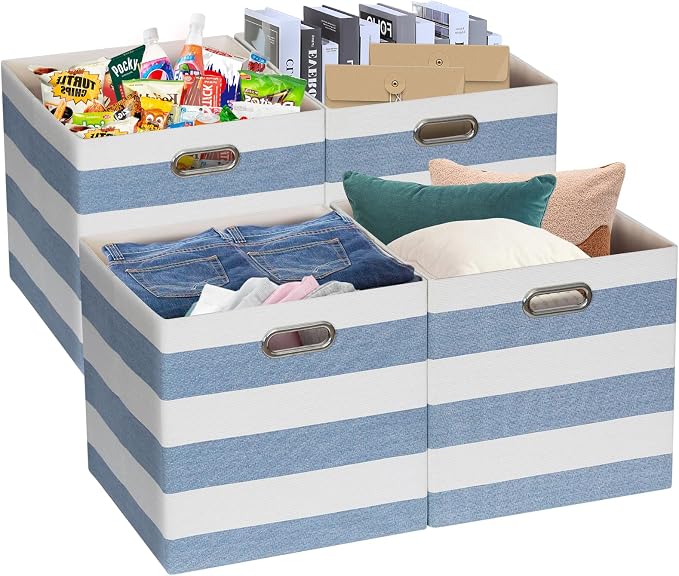 Posprica Storage Basket Bins,11×11 Collapsible Storage Cubes Fabric Drawers for Nurseries,Offices,Closets,Home Décor (Set of 4, Blue-white Striped)