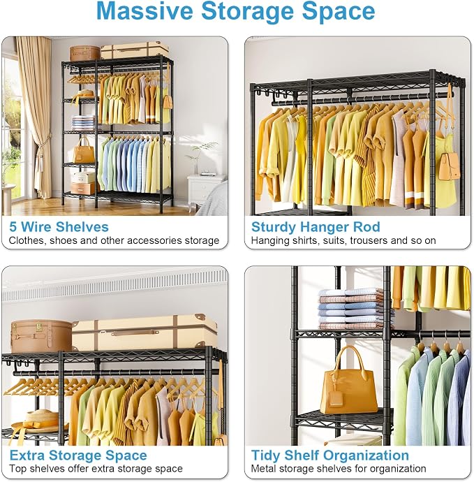 F2 Clothes Rack, 5 Tiers Heavy Duty Garment Rack for Bedroom | Freestanding Adjustable Closet Storage Organizer, Portable Clothing Wardrobe, 46.1"W x 15.4"D x 78.3"H, Load 630lbs, Black