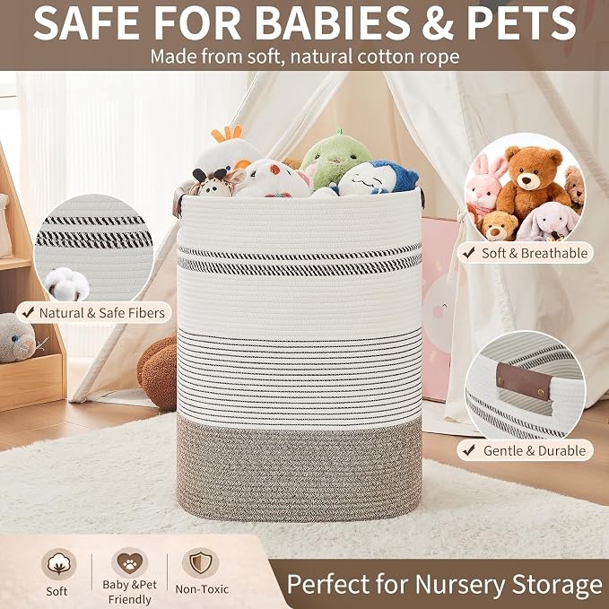 AINUOQI Laundry Hamper - Tall Woven Rope Laundry Basket - Clothes hamper with Leather Handles, 17" X 13.8" X 22", Blanket Storage Basket for Living Room, Rice Brown & White