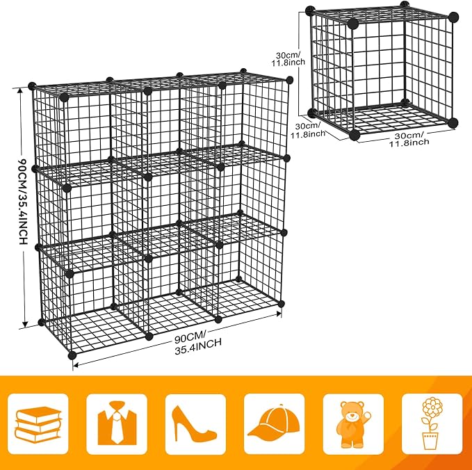 HUBSON Wire Cube Storage Organizer, Book/Toy/Craft/Potted Plants and petCloset Organizers and Storage Shelves, 9-Cube Freely Combinable Metal Grids Storage Shelf,Black Iron