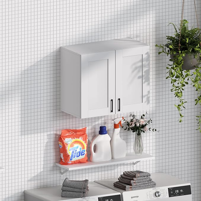 White Laundry Room Cabinets and Storage with 2 Doors and Utility Adjustable Shelf，Gabinetes Para Cocina Cupboard Kitchen Organizers and Storage Pantry Wall Mounted 12.4"D x 23.6"W x 19.7"H