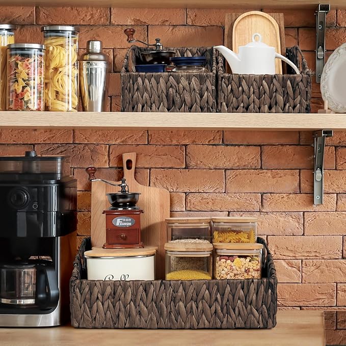 Pantry Baskets Organization, Wicker Basket for Shelf Black | Handwoven Pantry Organizers and Storage with Built-in Handles, Laundryroom Organization Storage Bins for Snack Cans