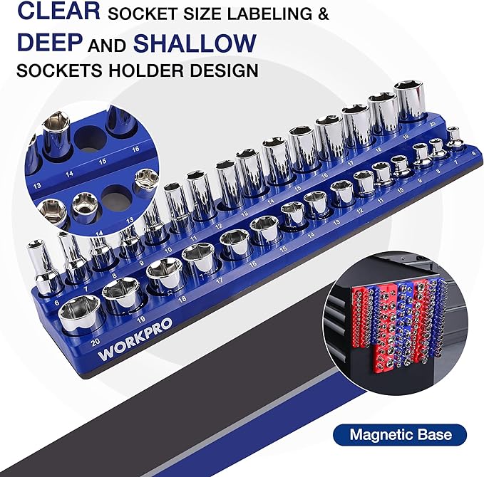WORKPRO Magnetic Socket Organizer Set, 6-Piece Metric SAE Socket Holder Set | 1/4", 3/8", 1/2" DR Socket Trays, Holds 143-Piece Sockets, Suitable for Standard and Deep Sockets, Sockets not Included