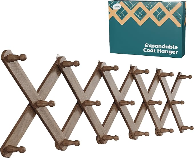 OROPY Accordion Wall Hanger with 17 Pegs, Expandable Wooden Coat & Hat Rack | Walnut Color, Hat Display Rack, X Shape Rack for Coat, Hats, Bags, Baseball Caps, Coffee Mug, Jewelry