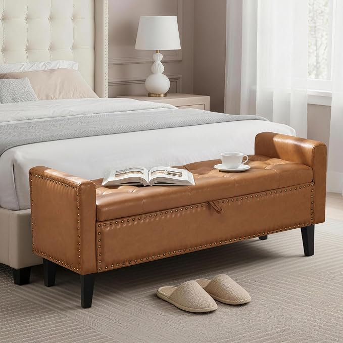 47'' Leather Storage Ottoman Bench, End of Bed Storage Bench with Wooden Legs, Upholstered Tufted Ottoman with Storage for Bedroom, Living Room, Entryway, Light Brown