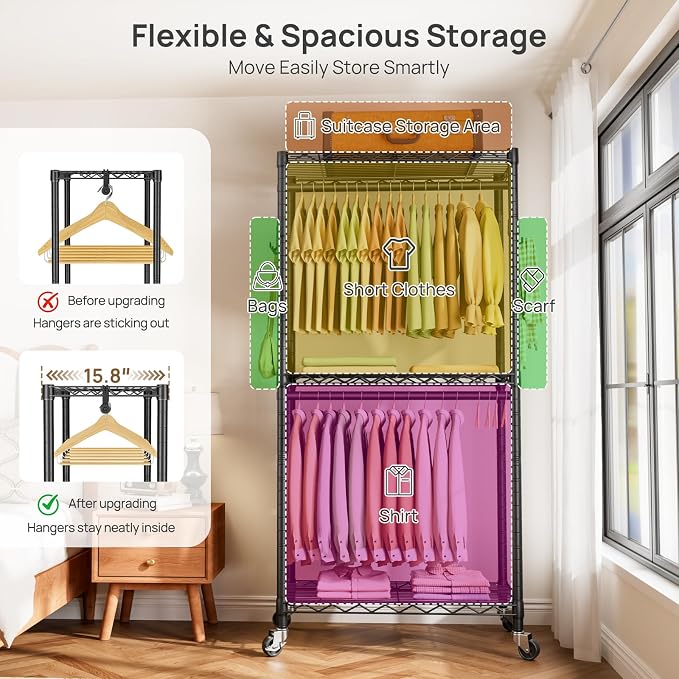 Golpart Heavy Duty Rolling Clothes Rack Wheels Portable Metal Garment Rack | Wardrobe Adjustable Wire Shelving Metal Double Clothing Racks for Hanging Clothes Organizer Closet Laundry Room Organization
