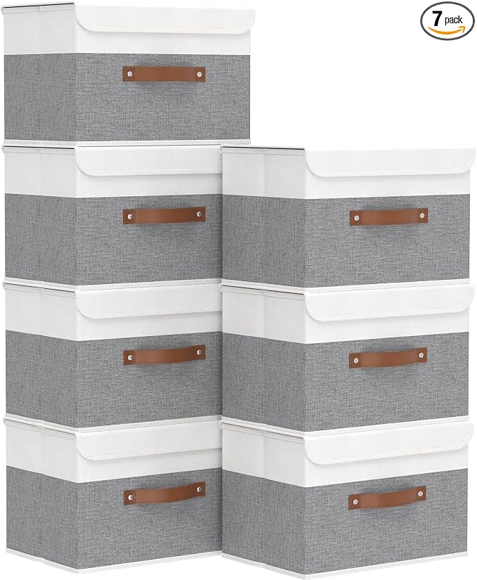 Yawinhe Storage Bins with Lids,White/Grey,17.7x11.8x11.8in,7-Pack | Fabric Container with Leather Handle,Washable Home Basket, Clothes Blanket Storage Boxes,Collapsible Closet Organizer