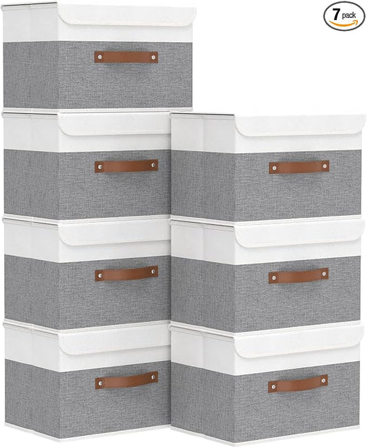 Yawinhe Storage Bins with Lids,White/Grey,17.7x11.8x11.8in,7-Pack | Fabric Container with Leather Handle,Washable Home Basket, Clothes Blanket Storage Boxes,Collapsible Closet Organizer